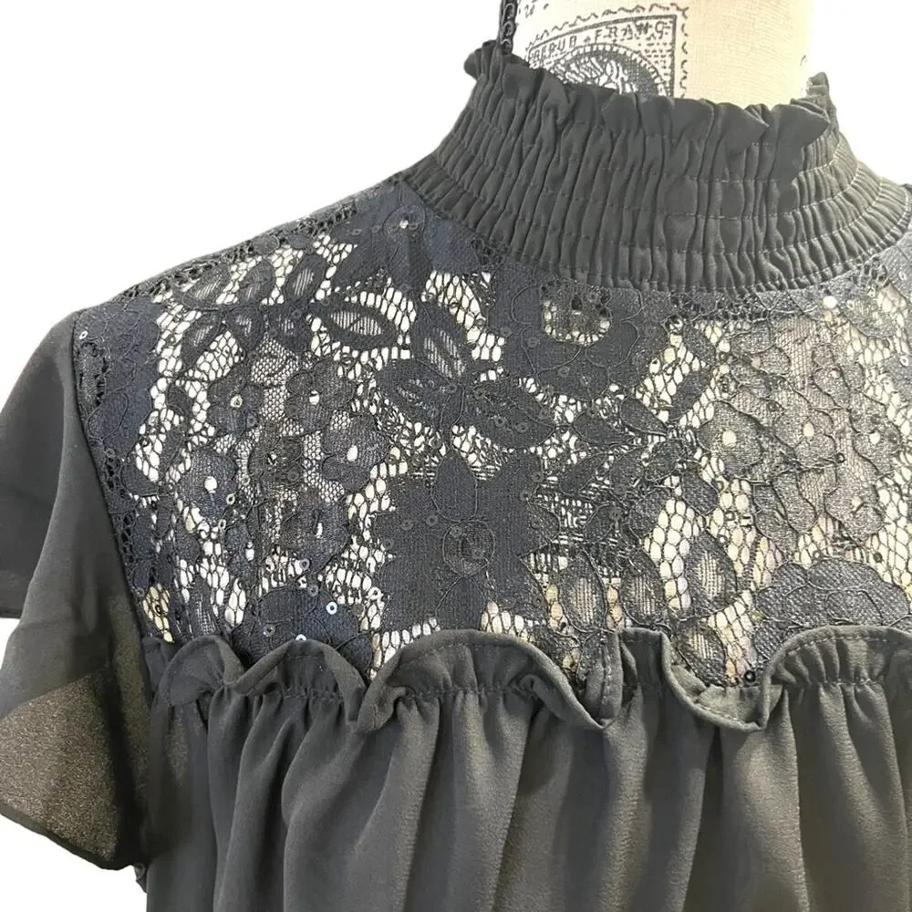 Reese women Medium Blouse Black Sparkle Lace Sheer flutter sleeve Goth Wednesday - Picture 2 of 15
